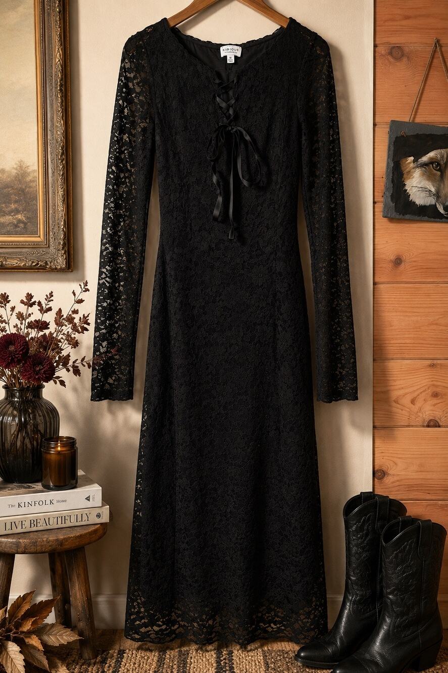 Kirious Los Angeles Black Lace Maxi Dress Medium Corset Lace-Up Gothic